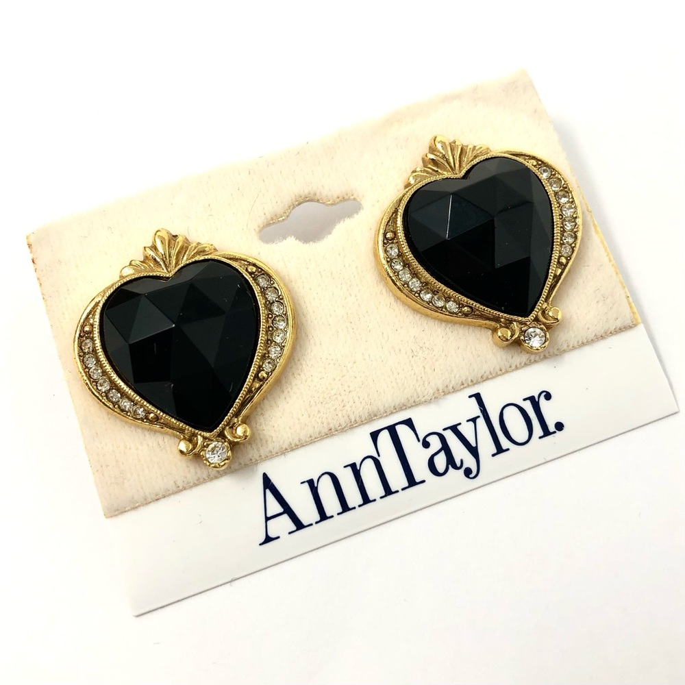 Ann Taylor vintage onyx glass heart & rhinestone pierced earrings - NWT